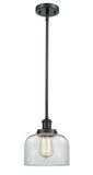 916-1S-BK-G72 Stem Hung 8" Matte Black Mini Pendant - Clear Large Bell Glass - LED Bulb - Dimmensions: 8 x 8 x 10<br>Minimum Height : 18.75<br>Maximum Height : 42.75 - Sloped Ceiling Compatible: Yes