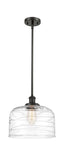 916-1S-OB-G713-L Stem Hung 8" Oil Rubbed Bronze Mini Pendant - Clear Deco Swirl X-Large Bell Glass - LED Bulb - Dimmensions: 8 x 8 x 10<br>Minimum Height : 18.75<br>Maximum Height : 42.75 - Sloped Ceiling Compatible: Yes