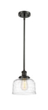 916-1S-OB-G713 Stem Hung 8" Oil Rubbed Bronze Mini Pendant - Clear Deco Swirl Large Bell Glass - LED Bulb - Dimmensions: 8 x 8 x 10<br>Minimum Height : 18.75<br>Maximum Height : 42.75 - Sloped Ceiling Compatible: Yes