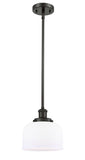 916-1S-OB-G71 Stem Hung 8" Oil Rubbed Bronze Mini Pendant - Matte White Cased Large Bell Glass - LED Bulb - Dimmensions: 8 x 8 x 10<br>Minimum Height : 18.75<br>Maximum Height : 42.75 - Sloped Ceiling Compatible: Yes
