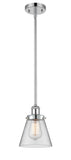 916-1S-PC-G62 Stem Hung 6" Polished Chrome Mini Pendant - Clear Small Cone Glass - LED Bulb - Dimmensions: 6 x 6 x 9<br>Minimum Height : 17.75<br>Maximum Height : 41.75 - Sloped Ceiling Compatible: Yes