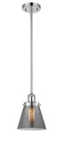 916-1S-PC-G63 Stem Hung 6" Polished Chrome Mini Pendant - Plated Smoke Small Cone Glass - LED Bulb - Dimmensions: 6 x 6 x 9<br>Minimum Height : 17.75<br>Maximum Height : 41.75 - Sloped Ceiling Compatible: Yes