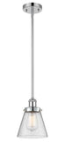 916-1S-PC-G64 Stem Hung 6" Polished Chrome Mini Pendant - Seedy Small Cone Glass - LED Bulb - Dimmensions: 6 x 6 x 9<br>Minimum Height : 17.75<br>Maximum Height : 41.75 - Sloped Ceiling Compatible: Yes