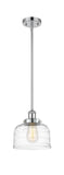 916-1S-PC-G713 Stem Hung 8" Polished Chrome Mini Pendant - Clear Deco Swirl Large Bell Glass - LED Bulb - Dimmensions: 8 x 8 x 10<br>Minimum Height : 18.75<br>Maximum Height : 42.75 - Sloped Ceiling Compatible: Yes