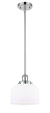 916-1S-PC-G71 Stem Hung 8" Polished Chrome Mini Pendant - Matte White Cased Large Bell Glass - LED Bulb - Dimmensions: 8 x 8 x 10<br>Minimum Height : 18.75<br>Maximum Height : 42.75 - Sloped Ceiling Compatible: Yes