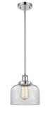 916-1S-PC-G72 Stem Hung 8" Polished Chrome Mini Pendant - Clear Large Bell Glass - LED Bulb - Dimmensions: 8 x 8 x 10<br>Minimum Height : 18.75<br>Maximum Height : 42.75 - Sloped Ceiling Compatible: Yes