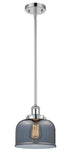 916-1S-PC-G73 Stem Hung 8" Polished Chrome Mini Pendant - Plated Smoke Large Bell Glass - LED Bulb - Dimmensions: 8 x 8 x 10<br>Minimum Height : 18.75<br>Maximum Height : 42.75 - Sloped Ceiling Compatible: Yes