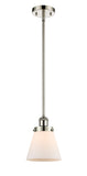 916-1S-PN-G61 Stem Hung 6" Polished Nickel Mini Pendant - Matte White Cased Small Cone Glass - LED Bulb - Dimmensions: 6 x 6 x 9<br>Minimum Height : 17.75<br>Maximum Height : 41.75 - Sloped Ceiling Compatible: Yes