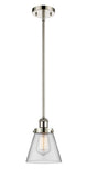 916-1S-PN-G62 Stem Hung 6" Polished Nickel Mini Pendant - Clear Small Cone Glass - LED Bulb - Dimmensions: 6 x 6 x 9<br>Minimum Height : 17.75<br>Maximum Height : 41.75 - Sloped Ceiling Compatible: Yes
