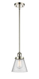 916-1S-PN-G64 Stem Hung 6" Polished Nickel Mini Pendant - Seedy Small Cone Glass - LED Bulb - Dimmensions: 6 x 6 x 9<br>Minimum Height : 17.75<br>Maximum Height : 41.75 - Sloped Ceiling Compatible: Yes