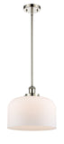 916-1S-PN-G71-L Stem Hung 8" Polished Nickel Mini Pendant - Matte White Cased X-Large Bell Glass - LED Bulb - Dimmensions: 8 x 8 x 10<br>Minimum Height : 18.75<br>Maximum Height : 42.75 - Sloped Ceiling Compatible: Yes