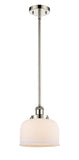 916-1S-PN-G71 Stem Hung 8" Polished Nickel Mini Pendant - Matte White Cased Large Bell Glass - LED Bulb - Dimmensions: 8 x 8 x 10<br>Minimum Height : 18.75<br>Maximum Height : 42.75 - Sloped Ceiling Compatible: Yes