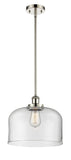 916-1S-PN-G72-L Stem Hung 8" Polished Nickel Mini Pendant - Clear X-Large Bell Glass - LED Bulb - Dimmensions: 8 x 8 x 10<br>Minimum Height : 18.75<br>Maximum Height : 42.75 - Sloped Ceiling Compatible: Yes