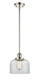 916-1S-PN-G72 Stem Hung 8" Polished Nickel Mini Pendant - Clear Large Bell Glass - LED Bulb - Dimmensions: 8 x 8 x 10<br>Minimum Height : 18.75<br>Maximum Height : 42.75 - Sloped Ceiling Compatible: Yes