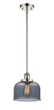 916-1S-PN-G73 Stem Hung 8" Polished Nickel Mini Pendant - Plated Smoke Large Bell Glass - LED Bulb - Dimmensions: 8 x 8 x 10<br>Minimum Height : 18.75<br>Maximum Height : 42.75 - Sloped Ceiling Compatible: Yes