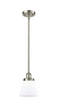 916-1S-SN-G61 Stem Hung 6" Brushed Satin Nickel Mini Pendant - Matte White Cased Small Cone Glass - LED Bulb - Dimmensions: 6 x 6 x 9<br>Minimum Height : 17.75<br>Maximum Height : 41.75 - Sloped Ceiling Compatible: Yes