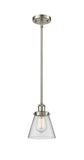 916-1S-SN-G62 Stem Hung 6" Brushed Satin Nickel Mini Pendant - Clear Small Cone Glass - LED Bulb - Dimmensions: 6 x 6 x 9<br>Minimum Height : 17.75<br>Maximum Height : 41.75 - Sloped Ceiling Compatible: Yes