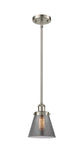 916-1S-SN-G63 Stem Hung 6" Brushed Satin Nickel Mini Pendant - Plated Smoke Small Cone Glass - LED Bulb - Dimmensions: 6 x 6 x 9<br>Minimum Height : 17.75<br>Maximum Height : 41.75 - Sloped Ceiling Compatible: Yes