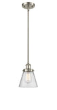 916-1S-SN-G64 Stem Hung 6" Brushed Satin Nickel Mini Pendant - Seedy Small Cone Glass - LED Bulb - Dimmensions: 6 x 6 x 9<br>Minimum Height : 17.75<br>Maximum Height : 41.75 - Sloped Ceiling Compatible: Yes
