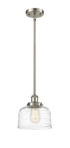 Stem Hung 8" Antique Copper Mini Pendant - Clear Deco Swirl Large Bell Glass LED