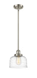 916-1S-SN-G713 Stem Hung 8" Brushed Satin Nickel Mini Pendant - Clear Deco Swirl Large Bell Glass - LED Bulb - Dimmensions: 8 x 8 x 10<br>Minimum Height : 18.75<br>Maximum Height : 42.75 - Sloped Ceiling Compatible: Yes