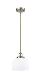 916-1S-SN-G71 Stem Hung 8" Brushed Satin Nickel Mini Pendant - Matte White Cased Large Bell Glass - LED Bulb - Dimmensions: 8 x 8 x 10<br>Minimum Height : 18.75<br>Maximum Height : 42.75 - Sloped Ceiling Compatible: Yes