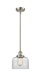 916-1S-SN-G72 Stem Hung 8" Brushed Satin Nickel Mini Pendant - Clear Large Bell Glass - LED Bulb - Dimmensions: 8 x 8 x 10<br>Minimum Height : 18.75<br>Maximum Height : 42.75 - Sloped Ceiling Compatible: Yes