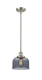 916-1S-SN-G73 Stem Hung 8" Brushed Satin Nickel Mini Pendant - Plated Smoke Large Bell Glass - LED Bulb - Dimmensions: 8 x 8 x 10<br>Minimum Height : 18.75<br>Maximum Height : 42.75 - Sloped Ceiling Compatible: Yes