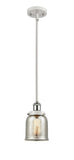 916-1S-WPC-G58 Stem Hung 5" White and Polished Chrome Mini Pendant - Silver Plated Mercury Small Bell Glass - LED Bulb - Dimmensions: 5 x 5 x 10<br>Minimum Height : 17.75<br>Maximum Height : 41.75 - Sloped Ceiling Compatible: Yes