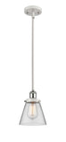 916-1S-WPC-G62 Stem Hung 6" White and Polished Chrome Mini Pendant - Clear Small Cone Glass - LED Bulb - Dimmensions: 6 x 6 x 9<br>Minimum Height : 17.75<br>Maximum Height : 41.75 - Sloped Ceiling Compatible: Yes