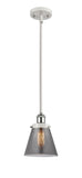 916-1S-WPC-G63 Stem Hung 6" White and Polished Chrome Mini Pendant - Plated Smoke Small Cone Glass - LED Bulb - Dimmensions: 6 x 6 x 9<br>Minimum Height : 17.75<br>Maximum Height : 41.75 - Sloped Ceiling Compatible: Yes