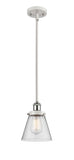 916-1S-WPC-G64 Stem Hung 6" White and Polished Chrome Mini Pendant - Seedy Small Cone Glass - LED Bulb - Dimmensions: 6 x 6 x 9<br>Minimum Height : 17.75<br>Maximum Height : 41.75 - Sloped Ceiling Compatible: Yes