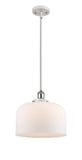 916-1S-WPC-G71-L Stem Hung 8" White and Polished Chrome Mini Pendant - Matte White Cased X-Large Bell Glass - LED Bulb - Dimmensions: 8 x 8 x 10<br>Minimum Height : 18.75<br>Maximum Height : 42.75 - Sloped Ceiling Compatible: Yes