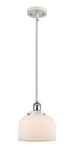 916-1S-WPC-G71 Stem Hung 8" White and Polished Chrome Mini Pendant - Matte White Cased Large Bell Glass - LED Bulb - Dimmensions: 8 x 8 x 10<br>Minimum Height : 18.75<br>Maximum Height : 42.75 - Sloped Ceiling Compatible: Yes