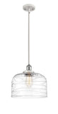 916-1S-WPC-G713-L Stem Hung 8" White and Polished Chrome Mini Pendant - Clear Deco Swirl X-Large Bell Glass - LED Bulb - Dimmensions: 8 x 8 x 10<br>Minimum Height : 18.75<br>Maximum Height : 42.75 - Sloped Ceiling Compatible: Yes