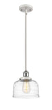 916-1S-WPC-G713 Stem Hung 8" White and Polished Chrome Mini Pendant - Clear Deco Swirl Large Bell Glass - LED Bulb - Dimmensions: 8 x 8 x 10<br>Minimum Height : 18.75<br>Maximum Height : 42.75 - Sloped Ceiling Compatible: Yes