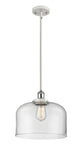 916-1S-WPC-G72-L Stem Hung 8" White and Polished Chrome Mini Pendant - Clear X-Large Bell Glass - LED Bulb - Dimmensions: 8 x 8 x 10<br>Minimum Height : 18.75<br>Maximum Height : 42.75 - Sloped Ceiling Compatible: Yes