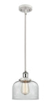 916-1S-WPC-G72 Stem Hung 8" White and Polished Chrome Mini Pendant - Clear Large Bell Glass - LED Bulb - Dimmensions: 8 x 8 x 10<br>Minimum Height : 18.75<br>Maximum Height : 42.75 - Sloped Ceiling Compatible: Yes