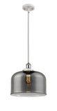 916-1S-WPC-G73-L Stem Hung 8" White and Polished Chrome Mini Pendant - Plated Smoke X-Large Bell Glass - LED Bulb - Dimmensions: 8 x 8 x 10<br>Minimum Height : 18.75<br>Maximum Height : 42.75 - Sloped Ceiling Compatible: Yes