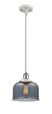 916-1S-WPC-G73 Stem Hung 8" White and Polished Chrome Mini Pendant - Plated Smoke Large Bell Glass - LED Bulb - Dimmensions: 8 x 8 x 10<br>Minimum Height : 18.75<br>Maximum Height : 42.75 - Sloped Ceiling Compatible: Yes
