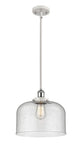 916-1S-WPC-G74-L Stem Hung 8" White and Polished Chrome Mini Pendant - Seedy X-Large Bell Glass - LED Bulb - Dimmensions: 8 x 8 x 10<br>Minimum Height : 18.75<br>Maximum Height : 42.75 - Sloped Ceiling Compatible: Yes