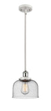 916-1S-WPC-G74 Stem Hung 8" White and Polished Chrome Mini Pendant - Seedy Large Bell Glass - LED Bulb - Dimmensions: 8 x 8 x 10<br>Minimum Height : 18.75<br>Maximum Height : 42.75 - Sloped Ceiling Compatible: Yes