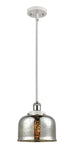 916-1S-WPC-G78 Stem Hung 8" White and Polished Chrome Mini Pendant - Silver Plated Mercury Large Bell Glass - LED Bulb - Dimmensions: 8 x 8 x 10<br>Minimum Height : 18.75<br>Maximum Height : 42.75 - Sloped Ceiling Compatible: Yes