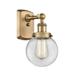 916-1W-BB-G202-6 1-Light 6" Brushed Brass Sconce - Clear Beacon Glass - LED Bulb - Dimmensions: 6 x 7.5 x 11 - Glass Up or Down: Yes