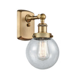 916-1W-BB-G204-6 1-Light 6" Brushed Brass Sconce - Seedy Beacon Glass - LED Bulb - Dimmensions: 6 x 7.5 x 11 - Glass Up or Down: Yes