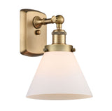 916-1W-BB-G41 1-Light 8" Brushed Brass Sconce - Matte White Cased Large Cone Glass - LED Bulb - Dimmensions: 8 x 9 x 13 - Glass Up or Down: Yes