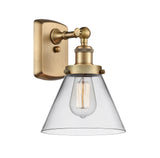 916-1W-BB-G42 1-Light 8" Brushed Brass Sconce - Clear Large Cone Glass - LED Bulb - Dimmensions: 8 x 9 x 13 - Glass Up or Down: Yes