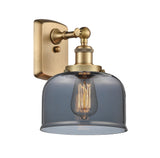 916-1W-BB-G73 1-Light 8" Brushed Brass Sconce - Plated Smoke Large Bell Glass - LED Bulb - Dimmensions: 8 x 9 x 13 - Glass Up or Down: Yes