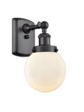 916-1W-BK-G201-6 1-Light 6" Matte Black Sconce - Matte White Cased Beacon Glass - LED Bulb - Dimmensions: 6 x 7.5 x 11 - Glass Up or Down: Yes