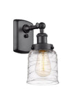 916-1W-BK-G513 1-Light 5" Matte Black Sconce - Clear Deco Swirl Small Bell Glass - LED Bulb - Dimmensions: 5 x 6.5 x 12 - Glass Up or Down: Yes